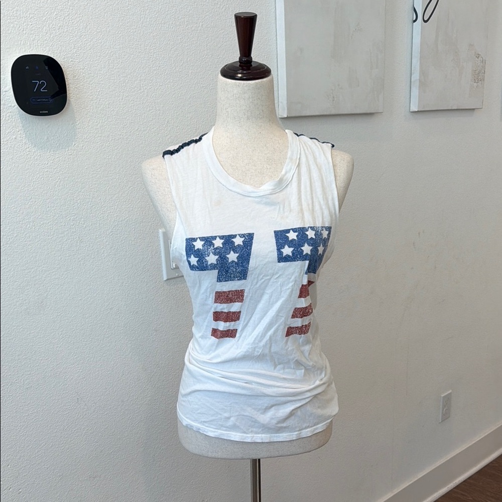 White Sleeveless Muscle Tee with Americana '77' Graphic